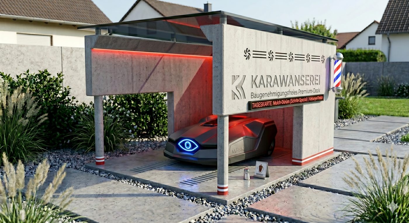 Basisstation Karawanserei: baugenehmigungsfreies Premium-Dock aus Beton mit getöntem Dach